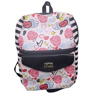 Luv Betsey Johnson Backpack Travel White Roses Black‎ Stripe Hearts Stars NEW